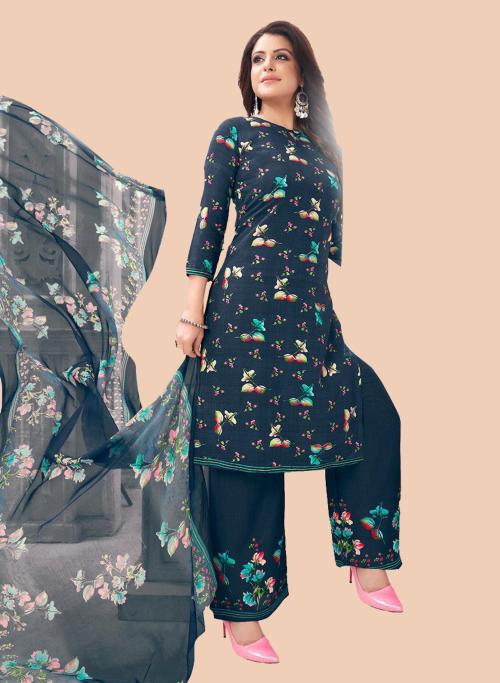 Iris Women Blue Crepe Printed Unstitched Salwar Suit Material - Babita Navy