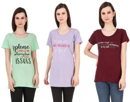 HighSeas Women Multicolor Printed Cotton Blend Round Neck T-Shirts - M (pack of 3)