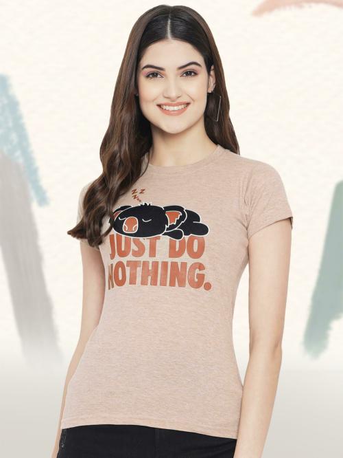 Fabflee Women Beige Printed Pure Cotton Tshirt l women tshirt l tshirt for women | Women tshirt | Tops for women | T shirt for women | Women Tops | T shirt | Women | Tops