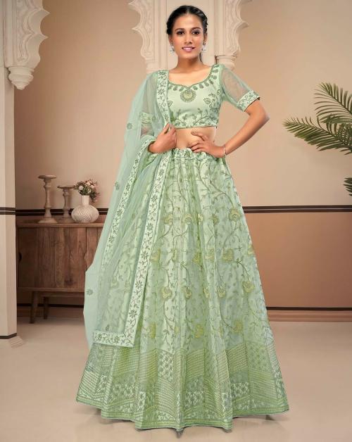 HALFSAREE STUDIO Light Green Latest Net Lehenga Choli design for Women