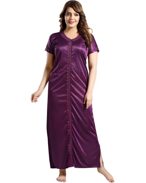 Silk Satin Nightgown with Short Sleeves and V-Neck