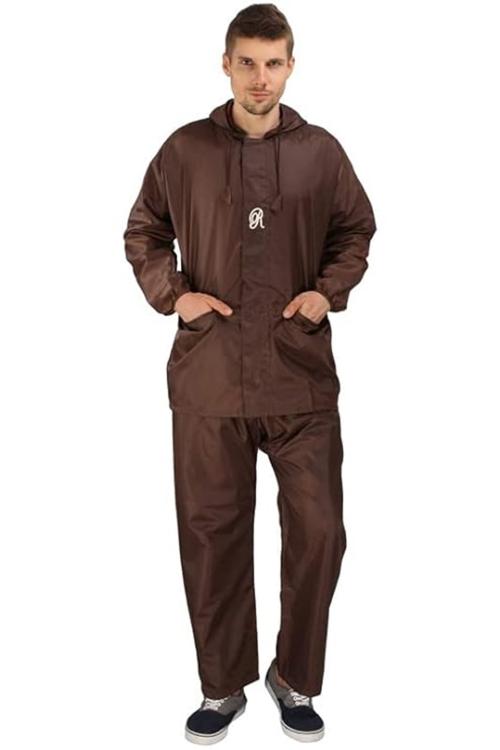 Real Polo Reflected Back Strip Rain suit | Matching PVC Lining with Inner Pockets | Rain suit Set with Zipper and Velcro for Bike | Rain coat for Men (XL, Brown)