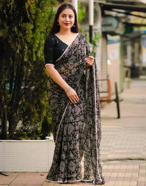 Siril Georgette Black & Cream Color Saree with Blouse piece