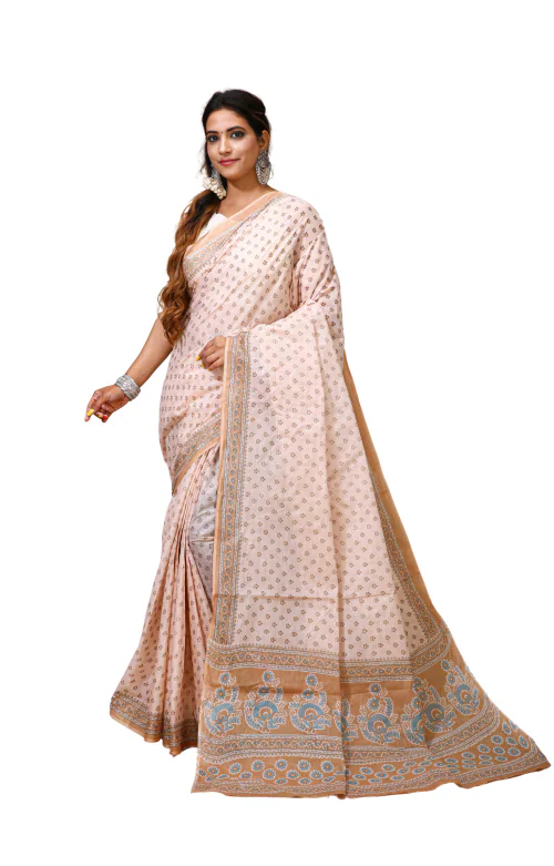 Esena Textiles Women's 100% Pure Cotton Checks Printed Mul Mul Saree (Almond Beige dyed with butti)