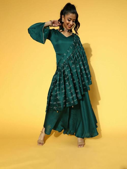 Yufta Teal Green Solid V-Neck Bell Sleeves Silk Satin Maxi Dress with Dupatta