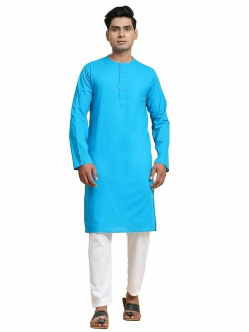 SKAVIJ Men's Cotton Casual Button Kurta Pajama Ethnic Dress Set (Turquoise, L)