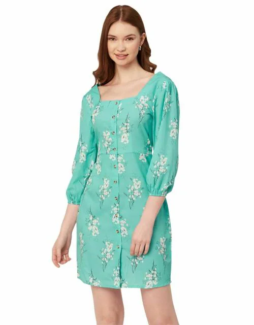 Moomaya Printed Short Dresses For Women, Button-Up Square Neck 3/4Th Sleeve Dress