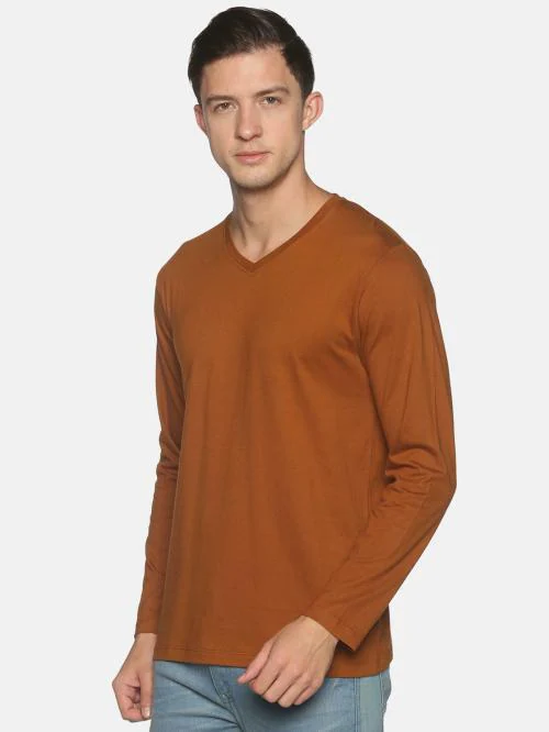 Buy BLACK RADIO Men's V-Neck Long Sleeves Brown Solid Tshirt Online at ...