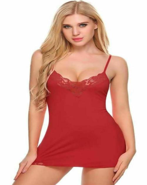 DREAMYDOLL Women Sexy Honeymoon Dress | Sexy Night Dress | First Night Dress | Women Polyester Solid Mini Babydoll with Panty Red