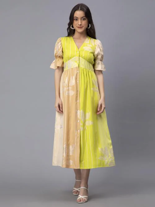 Floral Printed Green Smoked Dress | Midi Dress | V-Neck with Puffed Sleeve Dress for Women