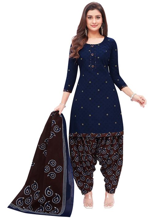 Salwar Studio Women's Navy Blue & Brown Cotton Printed Unstitch Dress Material with Dupatta