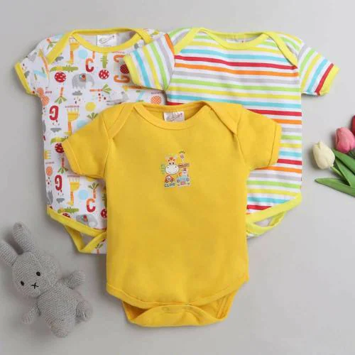 MM IMPEX Baby Boys and Girls Yellow Striped, Printed Cotton Blend (Pack of 3) Romper 3-6 MONTHS| Rompers |Sleepsuits | Jumpsuit |Body suits