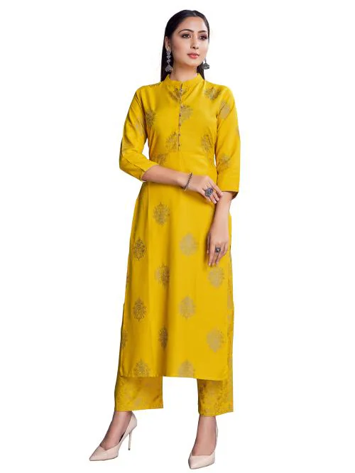 Rayon Foil Printed Yellow Colour Kurta and pant set for women and girls
