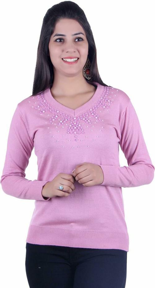 Ogarti Women Pink Acrylic Blend Embellished Single weater (XL)