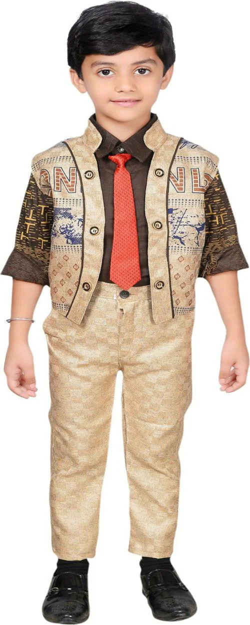 Ahhaaaa Boys Brown Full Sleeve Cotton Blend Printed Shirt Waistcoat and Pant Set