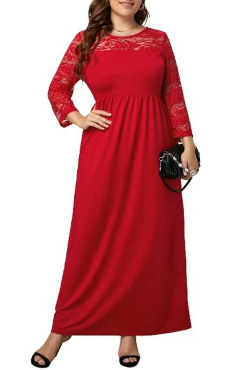 Plus Curvves Red Plus Size 3/4 Lace Sleeve Yoke Maxi Dress - 4XL Size