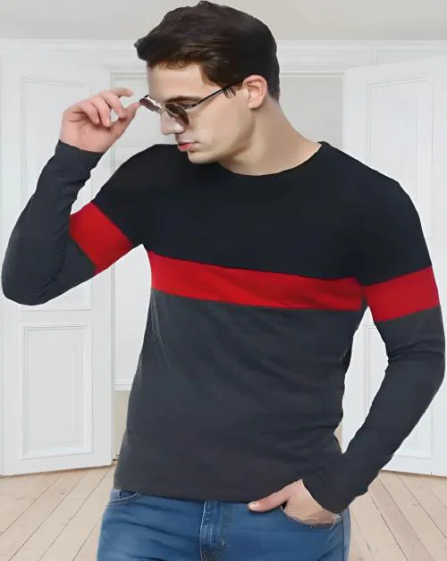 TAZO Mens Round Neck | Colourblocked Tshirts | Regular Fit | Full length Sleeve T-Shirt | T Shirt For Mens | Mens T Shirt | Mens Tshirt | Tshirt for Mens | T Shirts | Tshirts | Gym Wear | Sports Wear | Mens Tshirt | Dryfit Tshirts