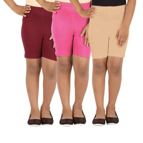 Lula Girls Tan, Pink and Maroon Solid Cotton Spandex pack of 3 Shorts (3-4 Years)