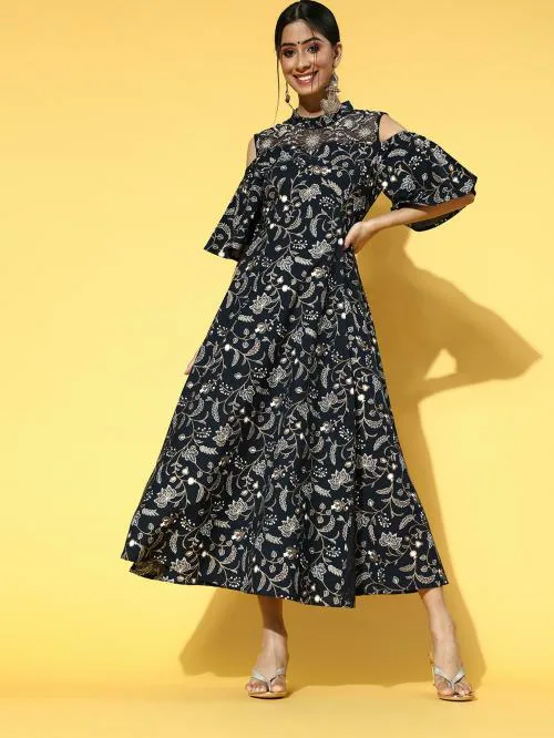 Yufta Navy Blue & Beige Cotton Ethnic Motifs Print Midi Fit & Flare Dress