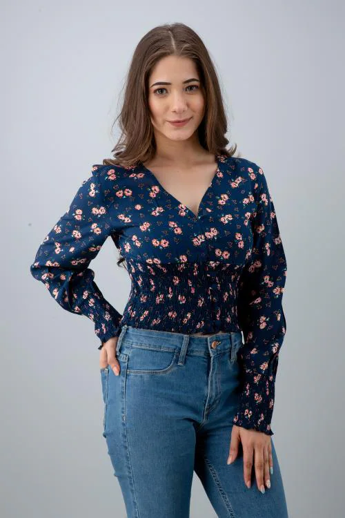 Pretty Loving Thing Women Floral Print V-Neck Puff Sleeve Blue Crop Top