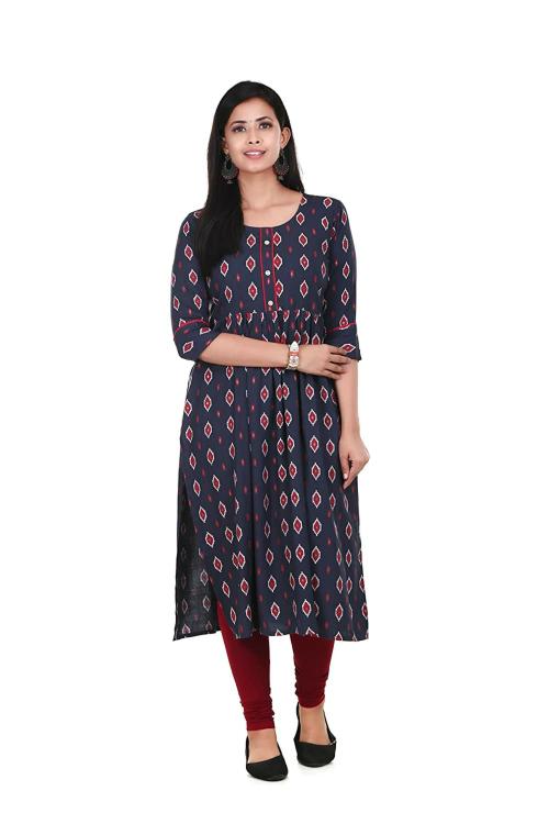 MUKHAKSH (Pack of 1 Suit Set = 1 Printed Kurti + 1 Churidar) Women Ladies Girls Nycra Blue Printed Kurti + Maroon Churidar Legging with String