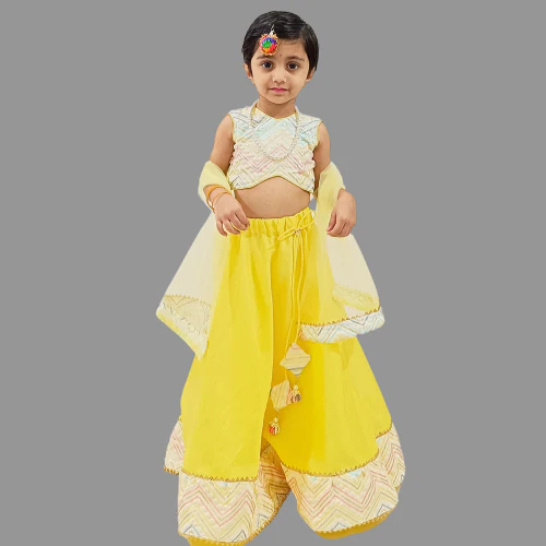 Vastrakriti By Swati Multicolor Embroidered Crop Top And Yellow Lehenga With Dupatta ( Size:- 11-12 Y)