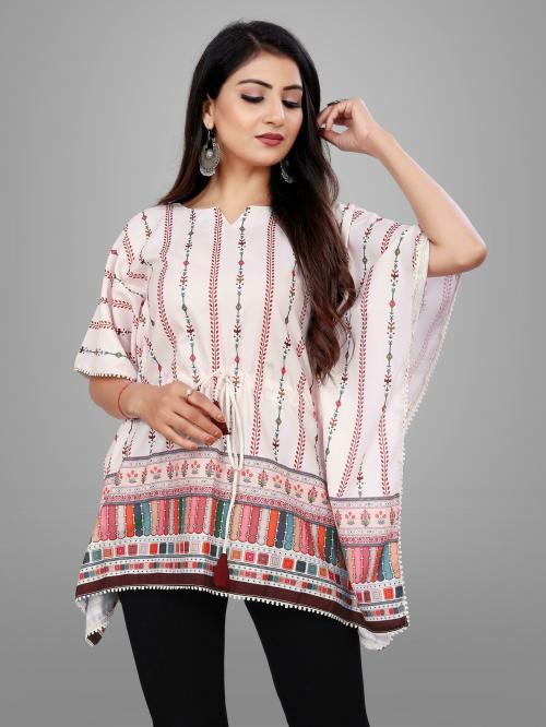 KRIJET Women White, Red Printed Viscose Blend Tops