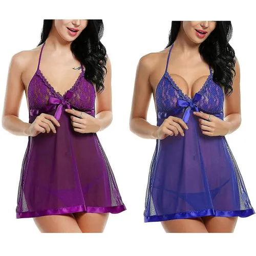 FASHION BONES Baby Doll Nightwear Robe | Kimono Lingerie | Negligee | Sleep Dress & Bra Panty Hot Sexy for Honeymoon, First Night, Anniversary for Women, Ladies & Girls (Purple & Royal Blue) (Free Size)