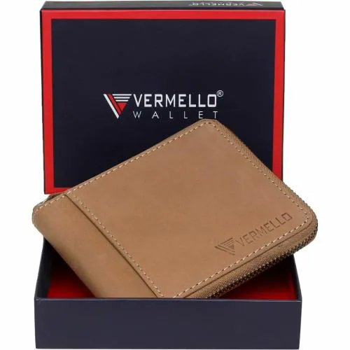 VERMELLO Mens Light Brown Genuine Leather RFID Wallet