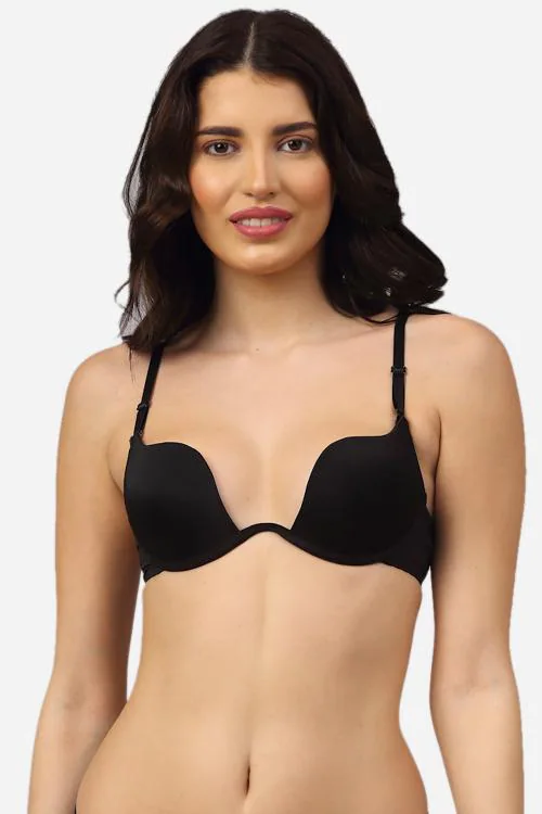 PrettyCat Black Solid Cotton Lycra Blend Plunge Bra For Women (PCBR203065)