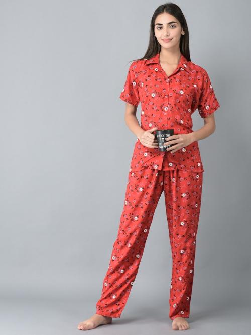 Noty Girl's/Women's- Night Suit Set | Shirt With Payjama | Night Wear | Night Dress for Women's and girl's | Cherry Red- Rayon Fabric- Small Floral Print (XXL, Cherry Red)