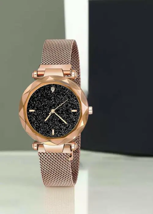 Blutech Analog Black Dial Rose Gold Strap Watch For Girls