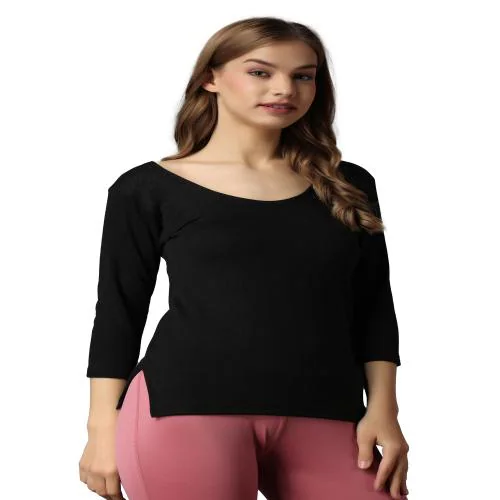 FF Thermal Warmer Vest for Women Ultra Soft 3/4 Sleeves Scoop Neck Winter Inner Wear Top Johns Underwear - Black, XL