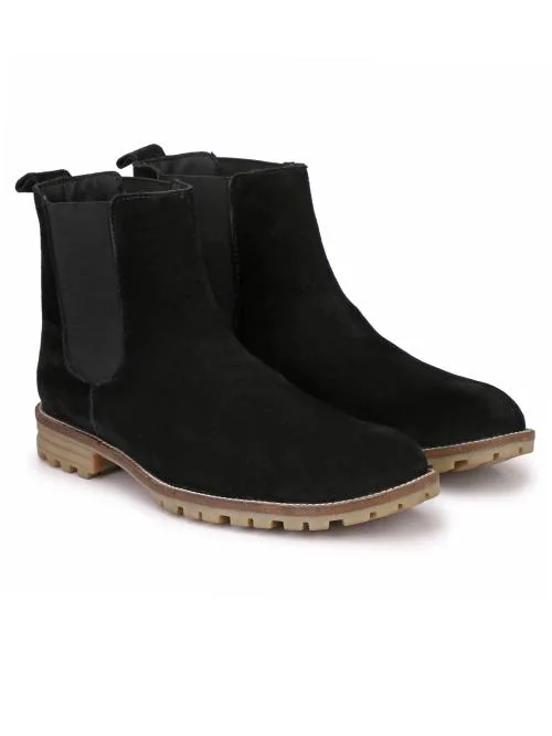 Hirel's Men's Black Suede Leather Outdoor Chelsea Boots