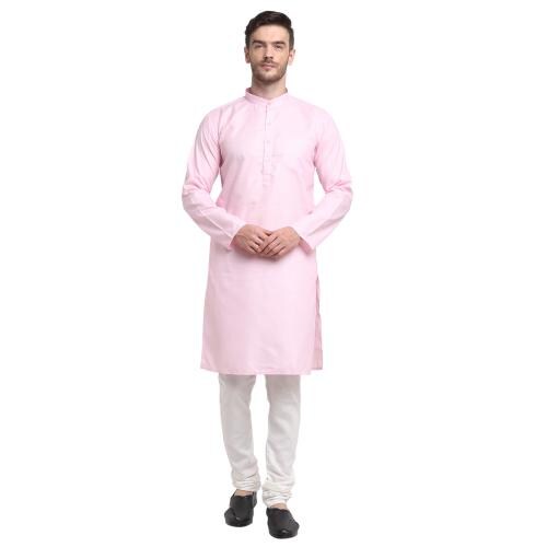Bontestitch Cotton Blend Regular Fit Knee Length Pink Kurta Pyjama Set for Men (Size: XL)