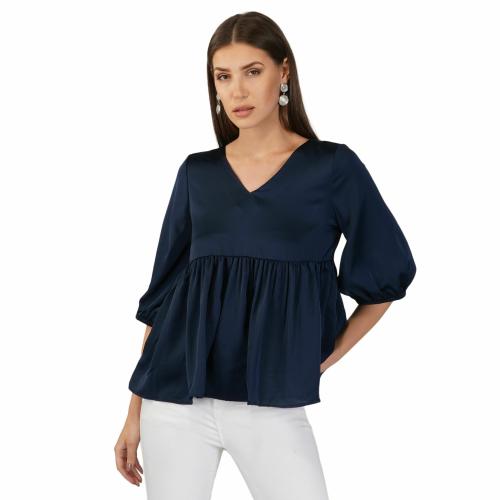 CHERI Womens Puff Sleeves Casual Long Sleeve Top With Pep Hem Blue