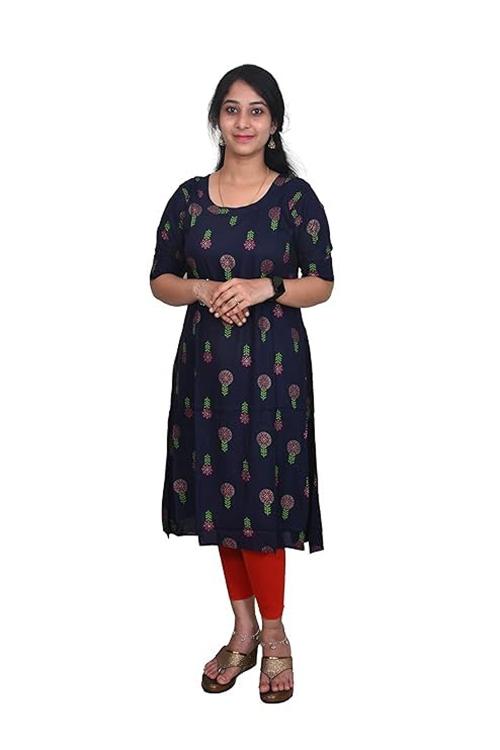 SHRUSTI Rayon Navy Blue Floral Semi Umbrella Kurti Ethnic Wear Kurti/Kurta for Women & Girls