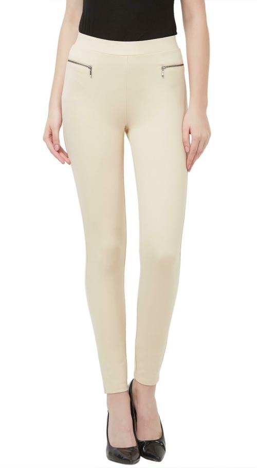 109F Women Beige Solid Rayon Jeggings