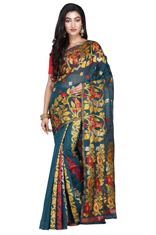 CRAFTONI Parrot Design Women Dhakai Jamdani Soft Cotton Silk Saree with Blouse Piece (Green)