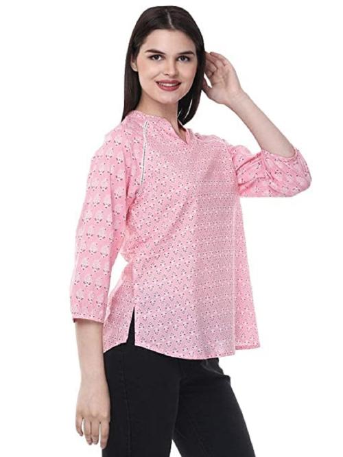 Meera's Fashion Women's Cotton Sanganeri Cotton with lace Design top for Women Pink Top (Pink,XL)