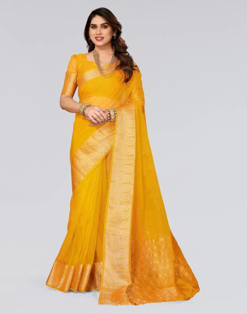 Siril Organza Yellow Color Saree with Blouse piece