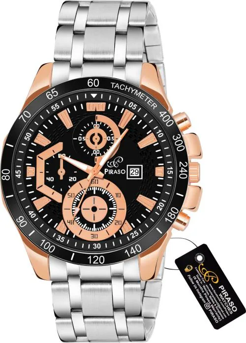 Piraso Analog Watch Date Display Black Dial, Silver Chain Watch For Men- RSSL EDIFICE BLACK COPPER SILVER