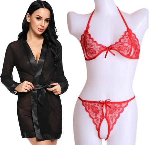 Iyaracollection Women Black Lace Lace, Net Robe And Lingerie Set