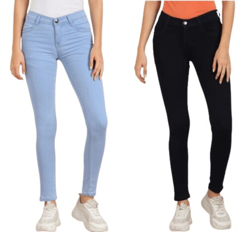 Gradely Women Stylish Full Length Length Silky Denim Jeans Pant Double Combo pack of 2- Ice Blue and Black