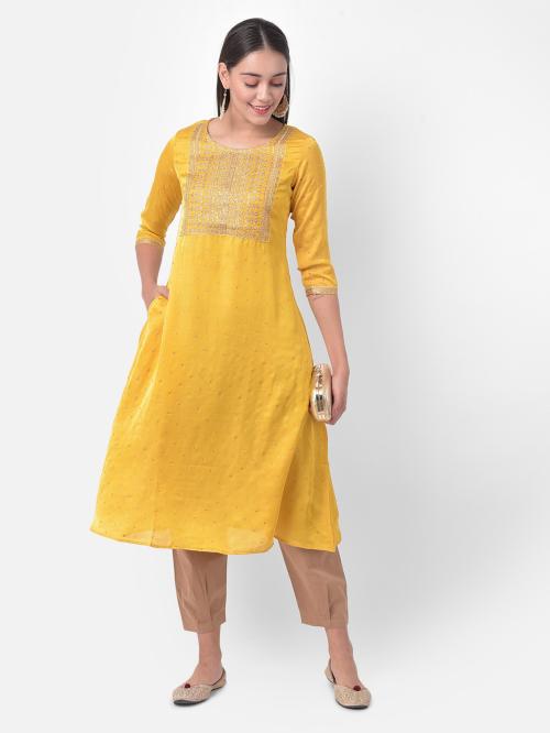 Span Women Yellow Embroidered Pure Silk A-Line Kurta