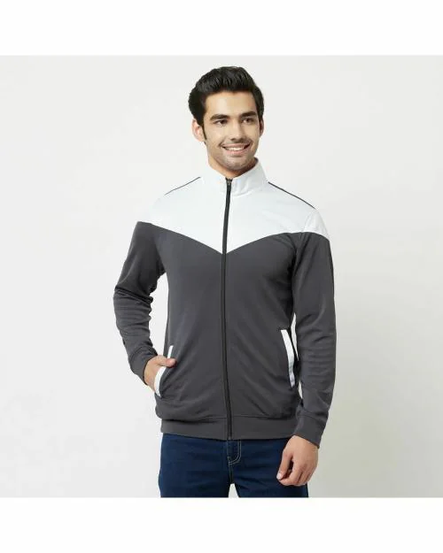 Glito White & Charcoal Color Block Stretchable Regular Fit Gym Wear Jacket/Upper For Men