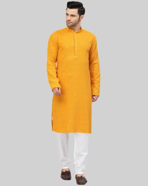 MOHANLAL SONS Men Gold-Toned Pure Cotton Kurta with Churidar