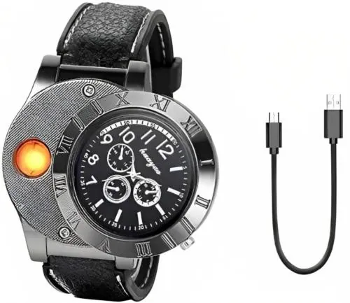 Muskan Enterprise New USB Ciagrette Lighter Analog Watch| 2-in-1 with Premium Analong Watch Stylish Fashion Unisex Wrist Watch Electric Lighter for Smoking/Birthday-Gift/Cigarette/Men/Christmas-Gift