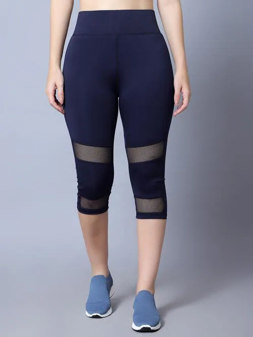 DIAZ Women's 3/4 Gym Wear Tights for Women with Mesh Perfect for Active Wear, Yoga & Workout Gym Pants for Women & Girls Colour Navy Size XL