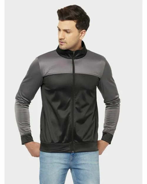 Glito Black & Charcoal Color Blocked Stretchable Regular Fit Sports Wear Jacket/Upper For Men
